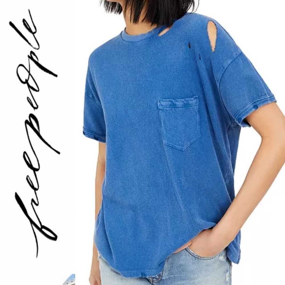 Free People Rubi Ripped T-Shirt Belle Blue Various Sizes